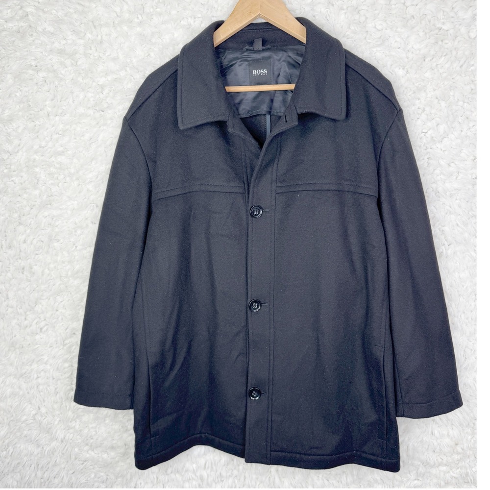 Hugo Boss Men's Black Chester Wool Cashmere Overcoat Jacket Coat 44 L Minimalist